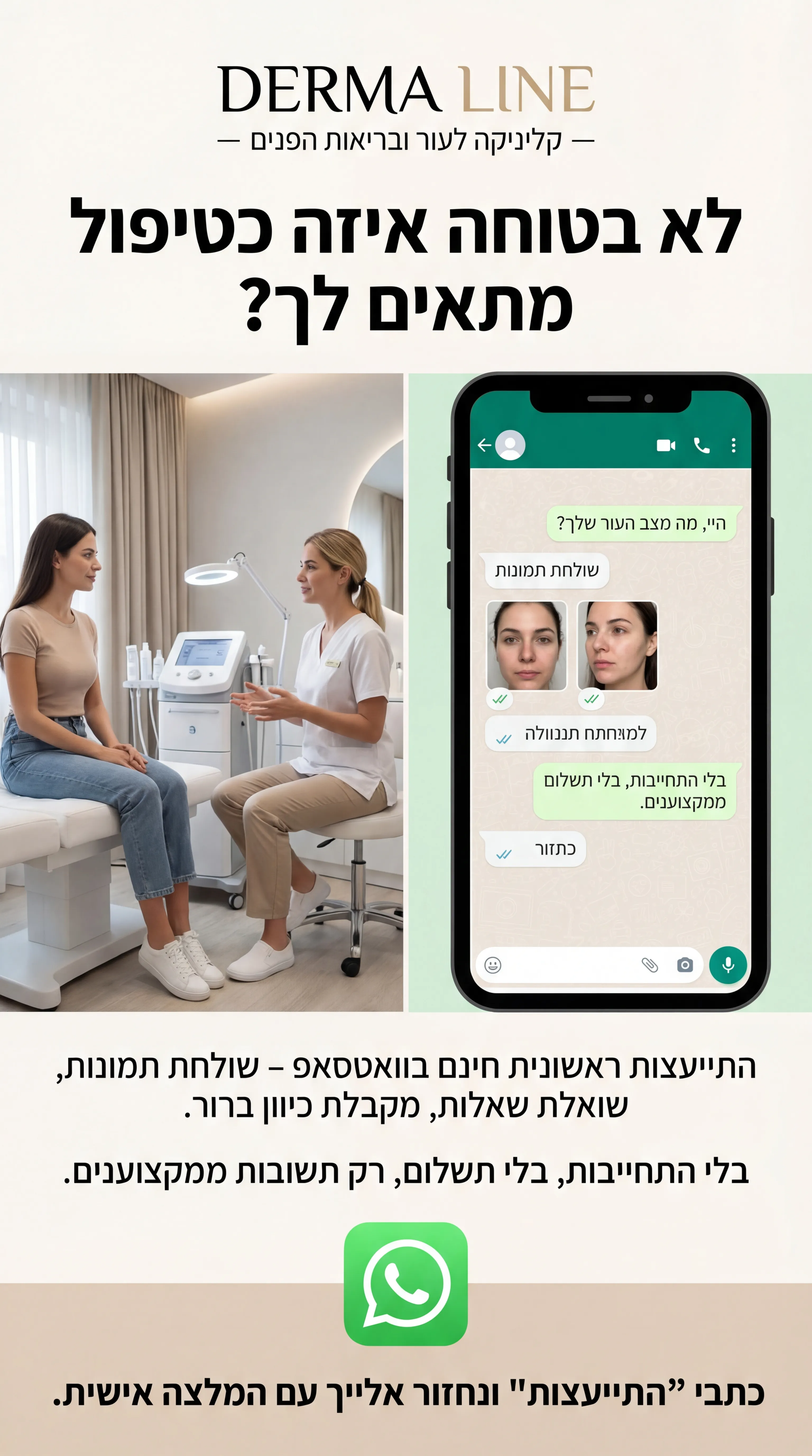 Dremaline - נוצר ב-Shotto AI. פרומפט: DERMA LINE
5️⃣ מודעה – "התייעצות חינם בוואטסאפ"
שם העסק (מומצא):
DERMA LINE – קליניקה לעור ובריאות הפנים
טקסט למודעה:
כותרת:
לא בטוחה איזה טיפול מתאים לך?
שורה שנייה:
התייעצות ראשונית חינם בוואטסאפ – שולחת תמונות, שואלת שאלות, מקבלת כיוון ברור.
שורה שלישית:
בלי התחייבות, בלי תשלום, רק תשובות ממקצוענים.
CTA:
כתבי "התייעצות" ונחזור אלייך עם המלצה אישית.
תיאור ויזואלי:
עיצוב שמחלק את המסך לשניים:
בצד אחד – צילום של מטופלת מדברת עם מטפלת בקליניקה.
בצד שני – מסך טלפון עם שיחת וואטסאפ (בועות צ'אט), טקסט בסגנון "היי, מה מצב העור שלך?"
לוגו "DERMA LINE" למעלה. אייקון וואטסאפ ברור למטה ליד ה-CTA.